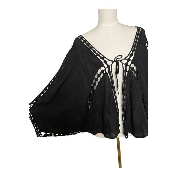 Womens Black Boho Cutout Top Floral Batwing Laser cut OS Tie Front Witchy - Picture 2 of 11